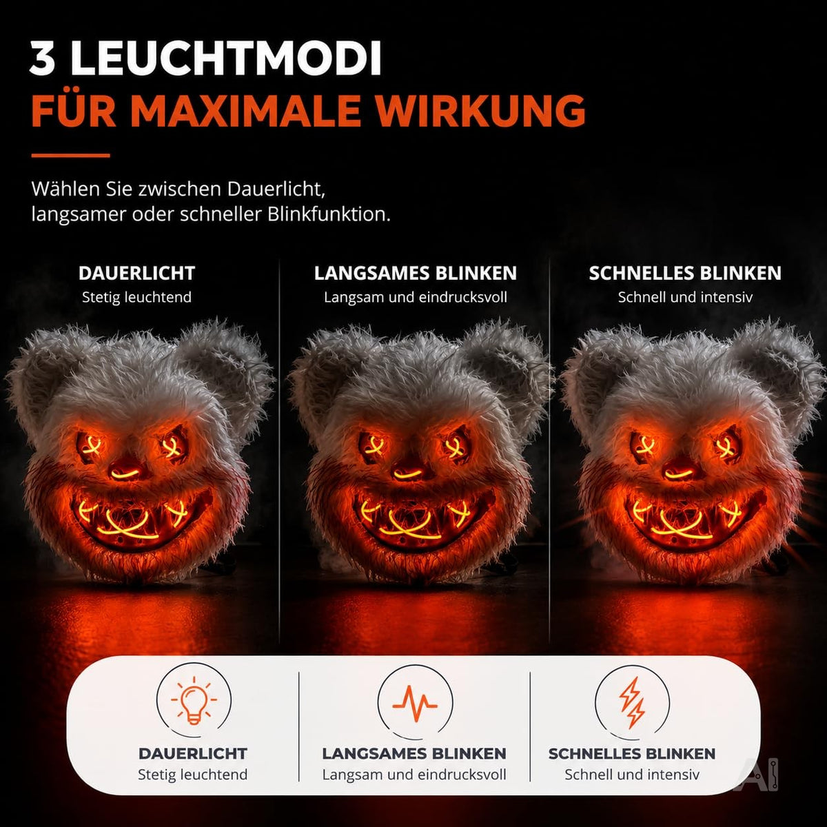 Halloween-Teddymaske mit LED-Beleuchtung – Darstellung der Leuchtmodi
