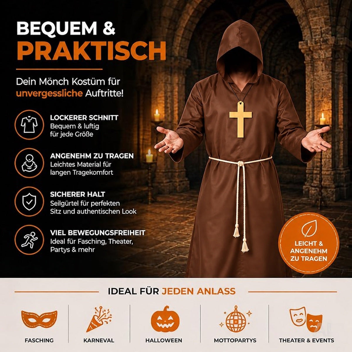 Mönch Kostüm Priester – Mönchskutte mit Kreuz & Kapuze – für Fasching & Karneval & Halloween – Damen & Herren