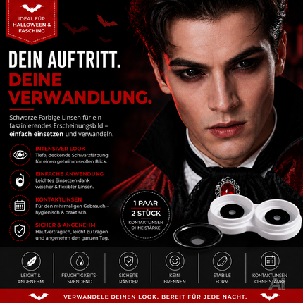 Schwarz Farbige & Geprüfte Kontaktlinsen - Gruselige Tageslinsen für Halloween & Fasching - ohne Stärke - Vampir & Dracula (Schwarz, 1 Paar / 2 Stück)