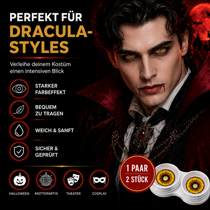 Gelb Farbige & Geprüfte Kontaktlinsen - Grußlige Tageslinsen für Halloween & Fasching - ohne Stärke - Vampir & Dracula (Gelb, 1 Paar / 2 Stück)