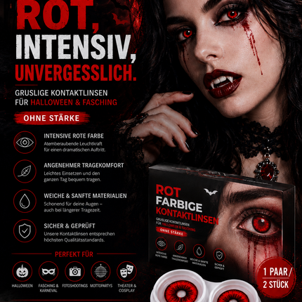 Rot Farbige & Geprüfte Kontaktlinsen - Gruselige Tageslinsen für Halloween & Fasching - ohne Stärke - Vampir & Dracula (Rot, 1 Paar / 2 Stück)