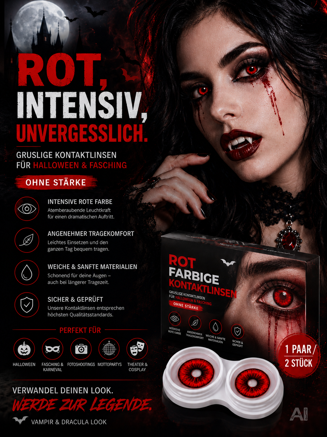 Rote Halloween-Kontaktlinsen ohne Stärke