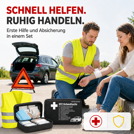 3 in 1 KFZ Set - KFZ-Verbandskasten, Warnweste, Warndreieck - Pannenset & Unfallzubehör für PKW – Detailansicht 6