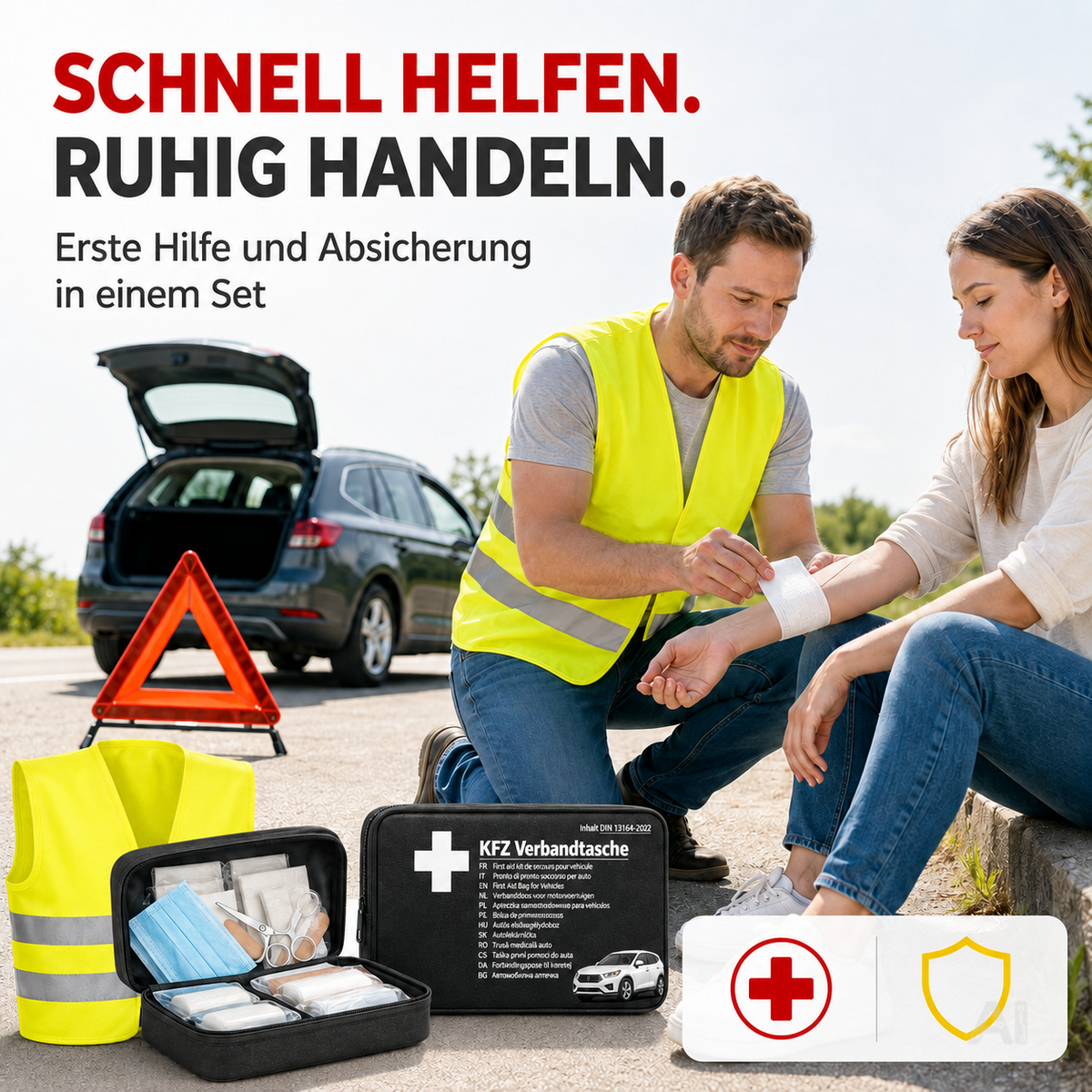 3 in 1 KFZ Set - KFZ-Verbandskasten, Warnweste, Warndreieck - Pannenset & Unfallzubehör für PKW – Detailansicht 6