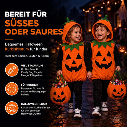 Kinder Kürbis Kostüm ab 3 Jahren – Halloween Set mit Tragetasche