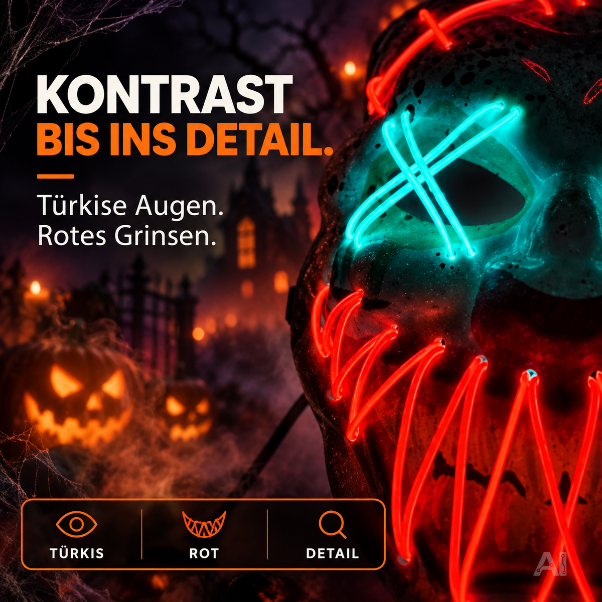 Halloween-Clownmaske mit LED-Beleuchtung – Nahaufnahme der farbigen Konturen