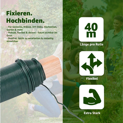 6er Bindedraht Set - Draht Wickeldraht grün - Blumenwickeldraht & Basteldraht & Floristendraht & Blumendraht für Rosen, Blumen & Basteln