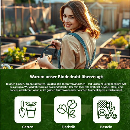 6er Bindedraht Set - Draht Wickeldraht grün - Blumenwickeldraht & Basteldraht & Floristendraht & Blumendraht für Rosen, Blumen & Basteln