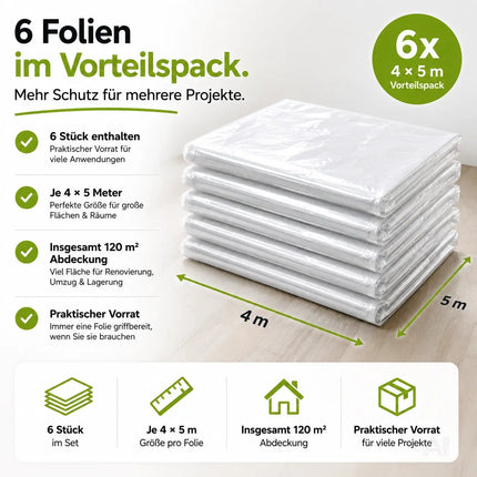 6x Abdeckfolie Maler - extra stark & dick - Malerfolie transparent 4x5 Meter