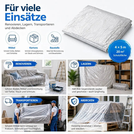 6x Malerplane 4x5 meter - Abdeckfolie - transparent & extra stark