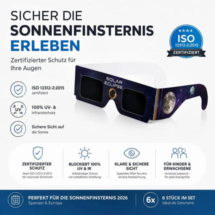 6x Sonnenfinsternis Brille ISO 12312-2 zertifiziert – Schutzbrille für Sonnenfinsternis 2026 in Spanien, Frankreich & Europa – Universal passend