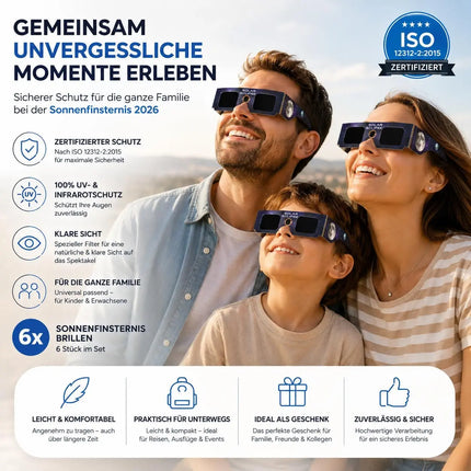 6x Sonnenfinsternis Brille ISO 12312-2 zertifiziert – Schutzbrille für Sonnenfinsternis 2026 in Spanien, Frankreich & Europa – Universal passend