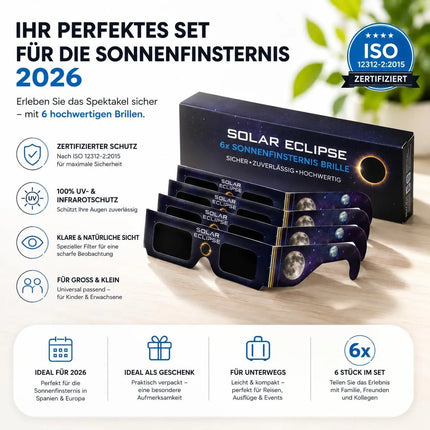 6x Sonnenfinsternis Brille ISO 12312-2 zertifiziert – Schutzbrille für Sonnenfinsternis 2026 in Spanien, Frankreich & Europa – Universal passend