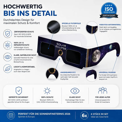6x Sonnenfinsternis Brille ISO 12312-2 zertifiziert – Schutzbrille für Sonnenfinsternis 2026 in Spanien, Frankreich & Europa – Universal passend