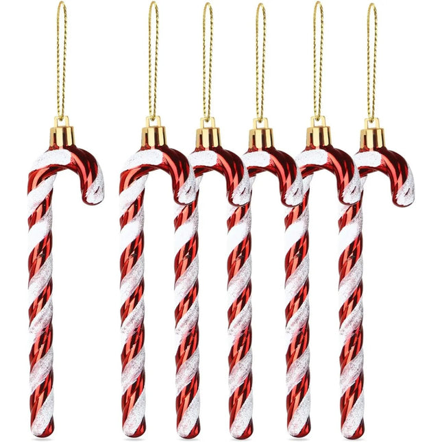 6x Zuckerstangen rot-weiß – glitzernder Baumschmuck für Weihnachten & Weihnachtsbaum – festliche Weihnachtsdeko aus Kunststoff