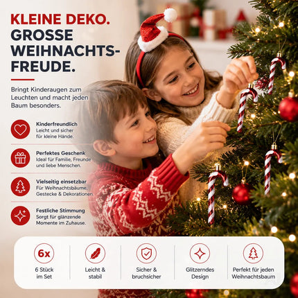 6x Zuckerstangen rot-weiß – glitzernder Baumschmuck für Weihnachten & Weihnachtsbaum – festliche Weihnachtsdeko aus Kunststoff