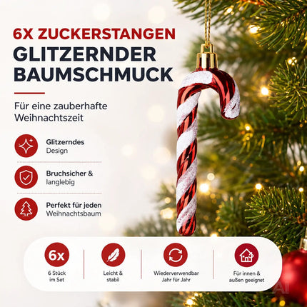 6x Zuckerstangen rot-weiß – glitzernder Baumschmuck für Weihnachten & Weihnachtsbaum – festliche Weihnachtsdeko aus Kunststoff