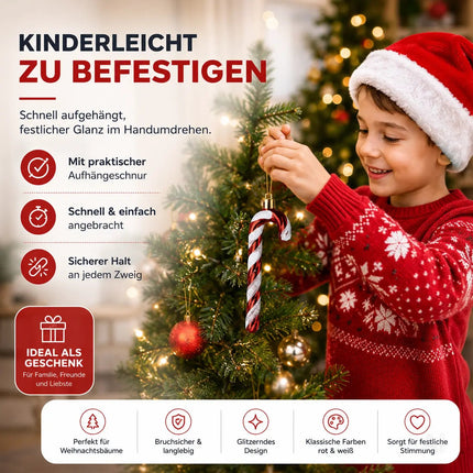 6x Zuckerstangen rot-weiß – glitzernder Baumschmuck für Weihnachten & Weihnachtsbaum – festliche Weihnachtsdeko aus Kunststoff