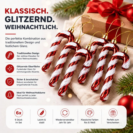 6x Zuckerstangen rot-weiß – glitzernder Baumschmuck für Weihnachten & Weihnachtsbaum – festliche Weihnachtsdeko aus Kunststoff