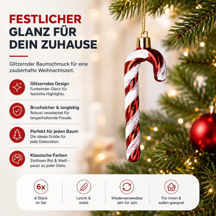 6x Zuckerstangen rot-weiß – glitzernder Baumschmuck für Weihnachten & Weihnachtsbaum – festliche Weihnachtsdeko aus Kunststoff