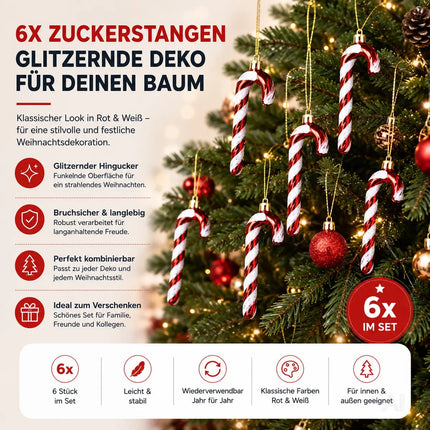6x Zuckerstangen rot-weiß – glitzernder Baumschmuck für Weihnachten & Weihnachtsbaum – festliche Weihnachtsdeko aus Kunststoff