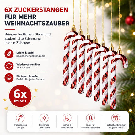 6x Zuckerstangen rot-weiß – glitzernder Baumschmuck für Weihnachten & Weihnachtsbaum – festliche Weihnachtsdeko aus Kunststoff