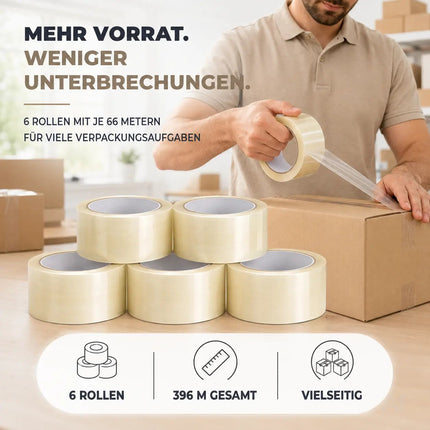 6x transparentes Klebeband 66 Meter extra stark – Packband Paketband Verpackungsband Paketklebeband für Verpackungen wie Pakete & Paketbandabroller
