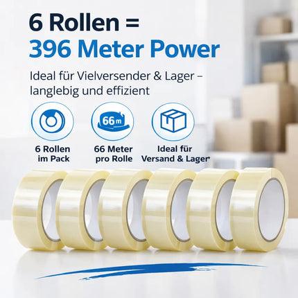 6x transparentes Klebeband 66 m – extra stark – Packband / Paketband / Verpackungsband für Pakete & Kartons – geeignet für Abroller