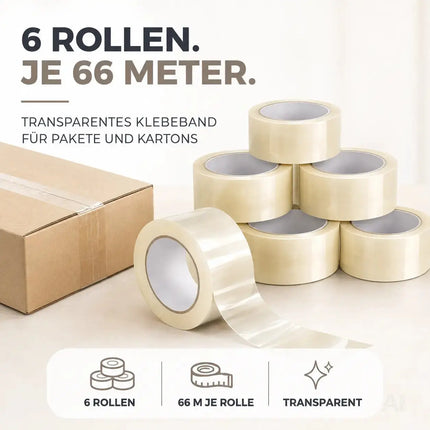 6x transparentes Klebeband 66 m – extra stark – Packband / Paketband / Verpackungsband für Pakete & Kartons – geeignet für Abroller