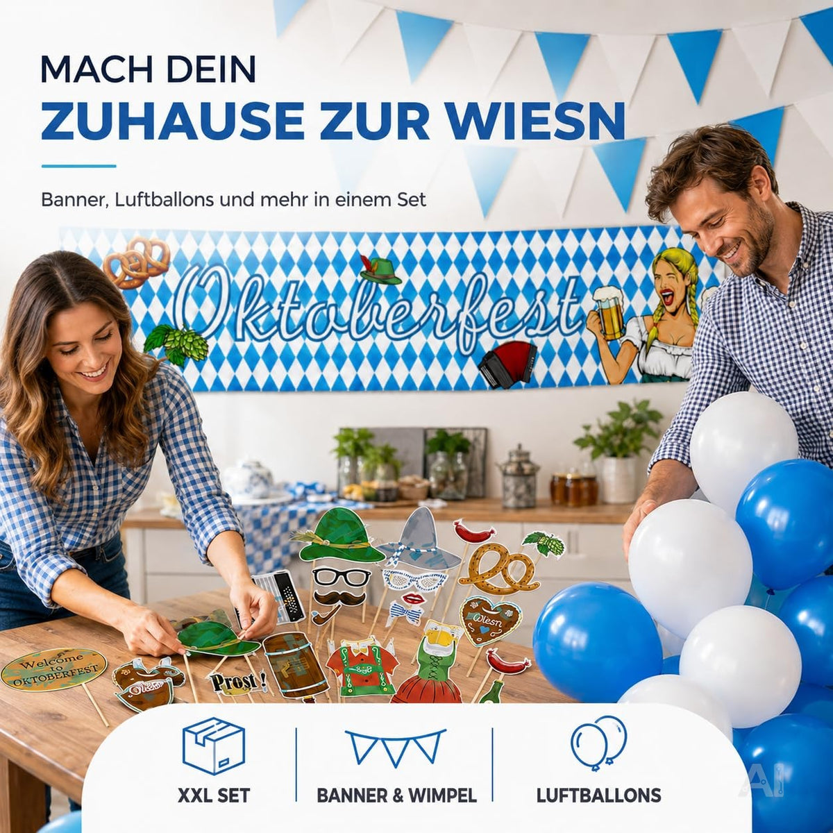 Oktoberfest-Dekorationsset mit weiß-blauen Bannern