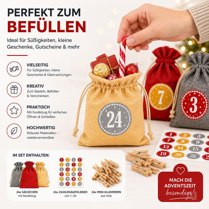 Adventskalender mit 24 Säckchen Modell 2 in Rot, Grau und Naturfarben – Produktmotiv 2