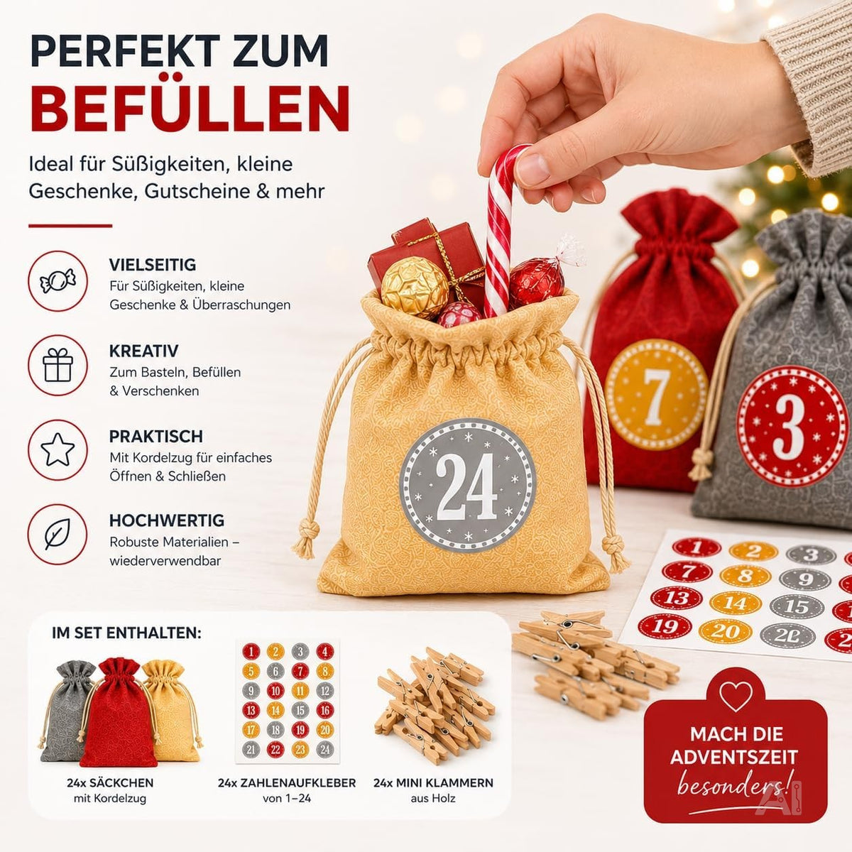 Adventskalender mit 24 Säckchen Modell 2 in Rot, Grau und Naturfarben – Produktmotiv 2