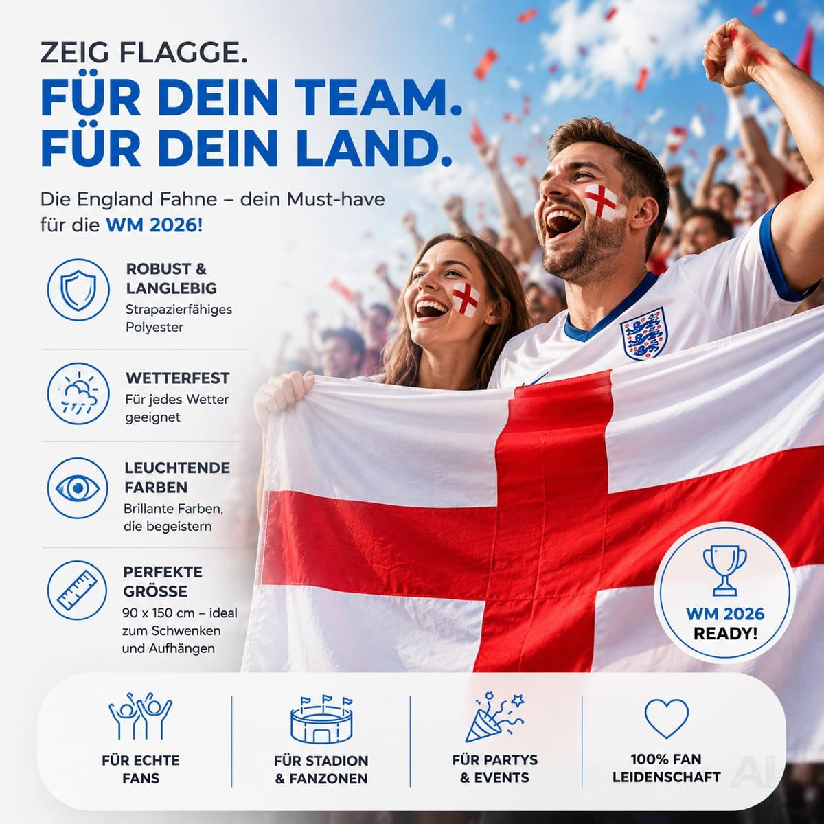 Englische Flagge mit rotem Kreuz auf weißem Grund – von Fußballfans gehalten