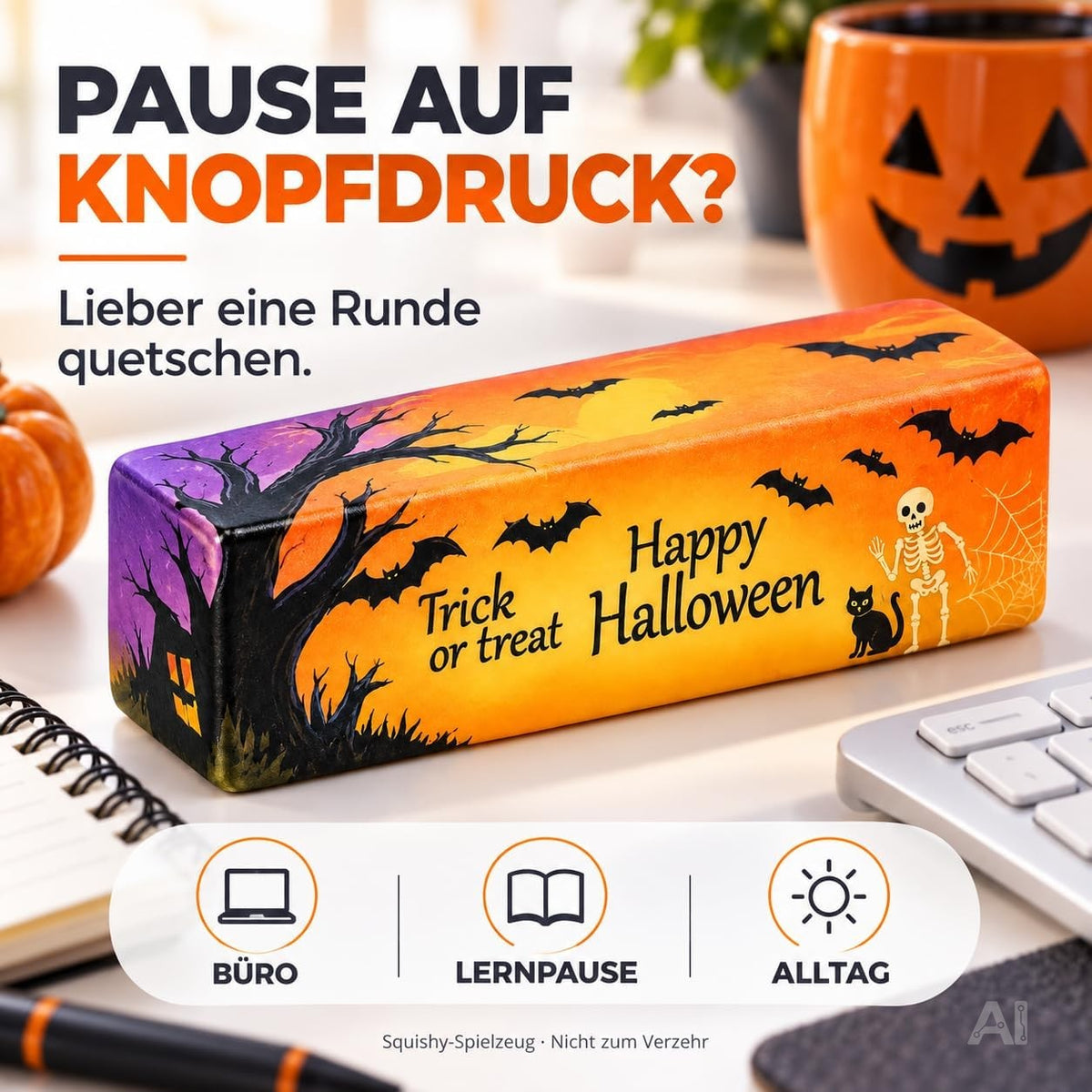 Butter Squishy Halloween 01 auf dem Schreibtisch als Fidget-Spielzeug