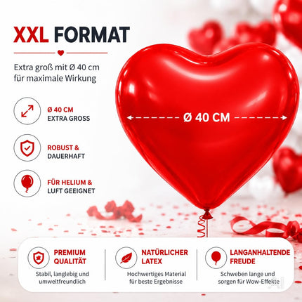 50x XXL Herzluftballons Helium geeignet Ø 40 cm Luftballons Herz Herzballon rot & weiß
