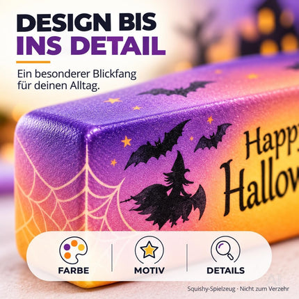 Nahaufnahme des Butter Squishy Halloween 02 mit violettem Hexenmotiv