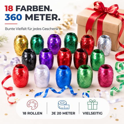 18er Ringelband Set mit bunten Farben je 20 Meter - Geschenkband Kräuselband