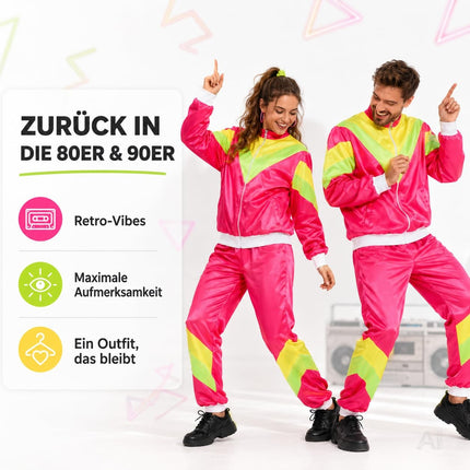 Pinker Retro-Trainingsanzug als Kostüm – von zwei Personen getragen
