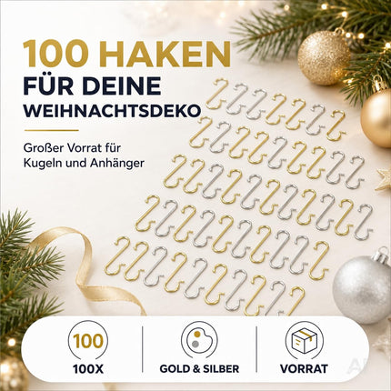 100x Haken Weihnachtsbaum - Kugelaufhänger Baumhaken in Gold und Silber