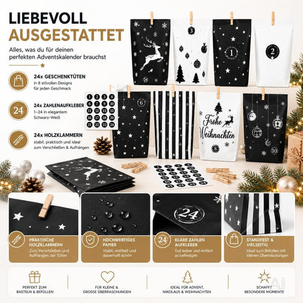 Adventskalender mit 24 Tüten Modell 3 in Schwarz und Weiß mit Weihnachtsmotiven – Produktmotiv 2