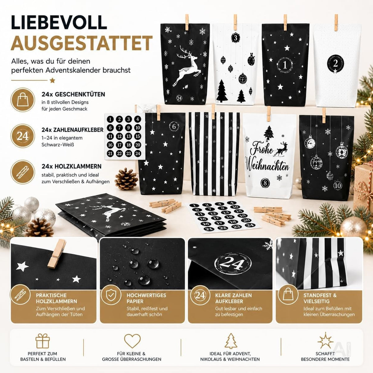 Adventskalender mit 24 Tüten Modell 3 in Schwarz und Weiß mit Weihnachtsmotiven – Produktmotiv 2