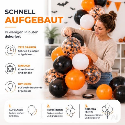 Frau beim Zusammenstellen einer Halloween-Ballongirlande in Orange, Schwarz und Weiß.