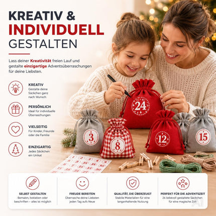 Adventskalender mit 24 Säckchen Modell 1 in Rot, Grau und Rot-Weiß kariert – Produktmotiv 2