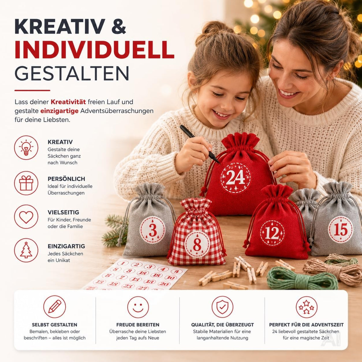 Adventskalender mit 24 Säckchen Modell 1 in Rot, Grau und Rot-Weiß kariert – Produktmotiv 2