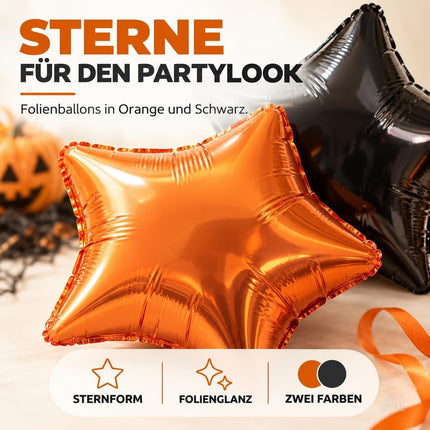 Halloween Deko Set – Luftballons in Orange und Schwarz, Kürbis, Happy Halloween Schriftzug und Sterne für Partydekoration