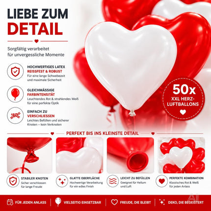 50x XXL Herzluftballons Helium geeignet Ø 40 cm Luftballons Herz Herzballon rot & weiß