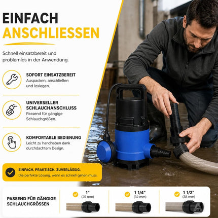 Schmutzwasser-Tauchpumpe, 400 W, 7.500 l/h – 5 m Förderhöhe, 4 m Tauchtiefe, 10 m Kabel, einstellbarer Schwimmerschalter