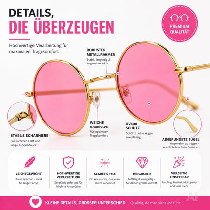 Runde Hippie-Brille mit rosa Gläsern – Nahaufnahme des Gestells