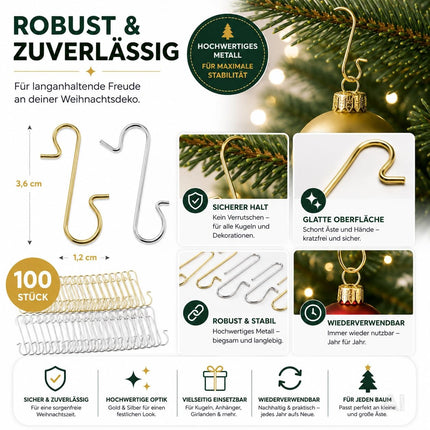100x Weihnachtsbaum Haken: Baumhaken Kugelaufhänger in Gold und Silber