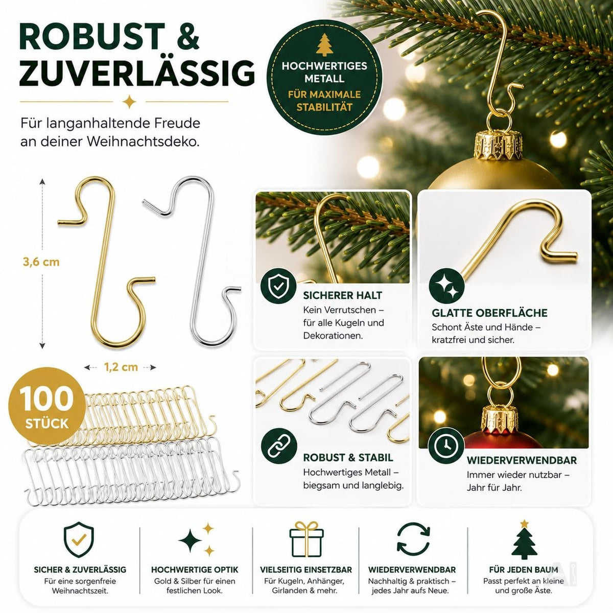 Gold- und silberfarbene Weihnachtsbaumhaken